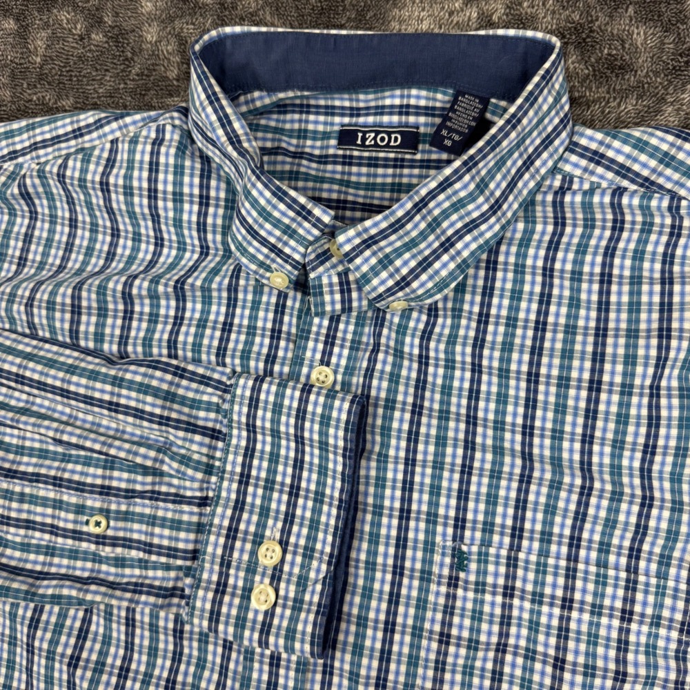 IZOD Button Down Shirt Mens XL Blue Plaid Long Sleeve Cotton